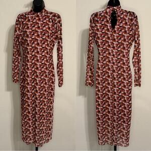 Anthropologie Mesh Hexagon Printed Dress with Sheer Sleeves - MED